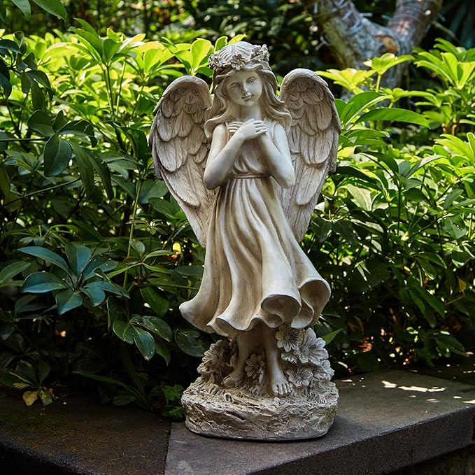 Garden Angel Figurines, Light Up Praying Angel Statues Outdoor Statue with Solar LED Lights for Patio, Lawn, Cemetary Grave Decoration, Sympathy Gift, 16.9" H