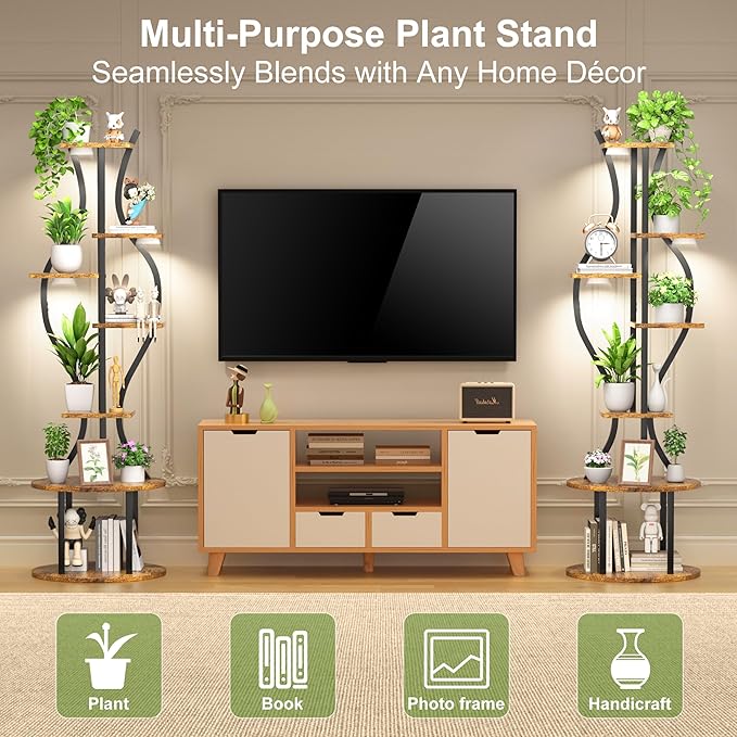 Plant Stand Indoor with Grow Lights, 7 Tier Tall Metal Plant Shelf for Multiple Plants, 55″ Lighted Plants Shelves Corner Flower Holder, Vase Shape Plant Display Rack for Home Living Room Patio