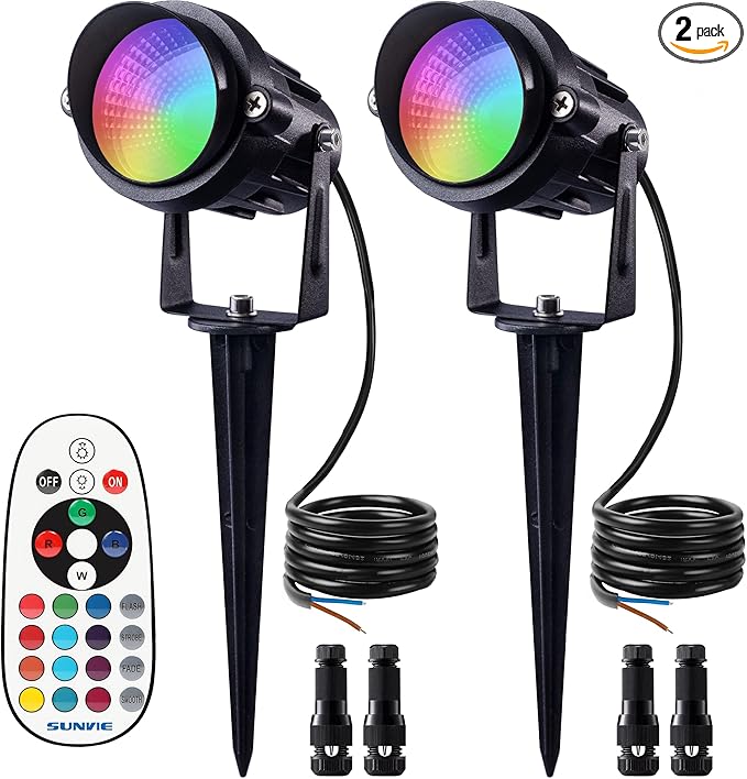 SUNVIE 12W RGB Low Voltage Color Changing Landscape Lights Remote Control Waterproof LED Landscape Lighting for Yard Garden Pathway Holiday Christmas Decorations Outdoor Indoor, 2 Pack with Connector