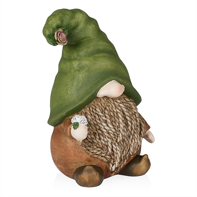 Alpine Corporation QWR1442 Gnome with Green Hat Holding a Flower, Playful Décor for Garden, Patio, & Lawn, 10" H, Multicolor