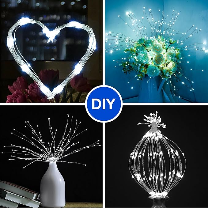 Solar Firework Lights Outdoor, 600 LED Starburst Light Outdoor with USB Rechargerable, 8 Modes Waterproof Solar Hanging Lights for Gazebo Yard Party Wedding Decorations(White, 600 LED)