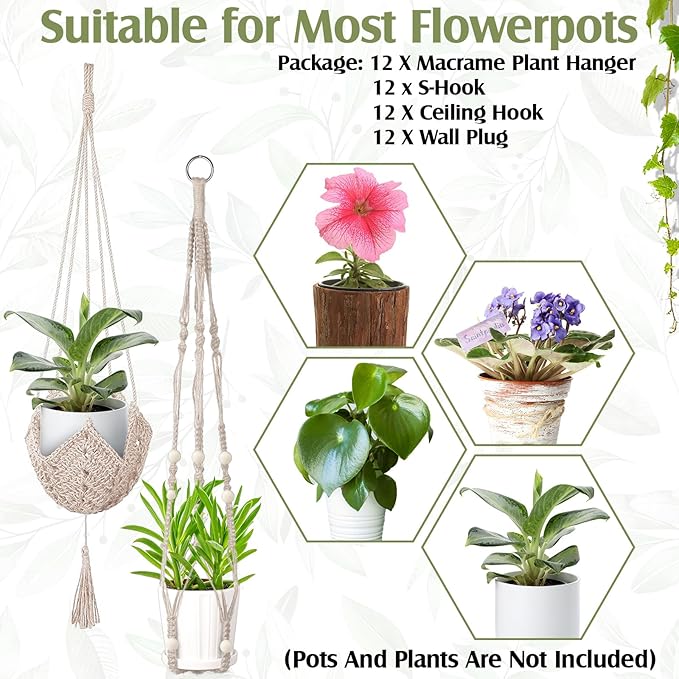 Hoteam 12 Pcs Macrame Plant Hangers Macrame Hanging Planters for Indoor Plants Handmade Boho Hanging Baskets Flower Pots Holder for Outdoor Home Wall Decor