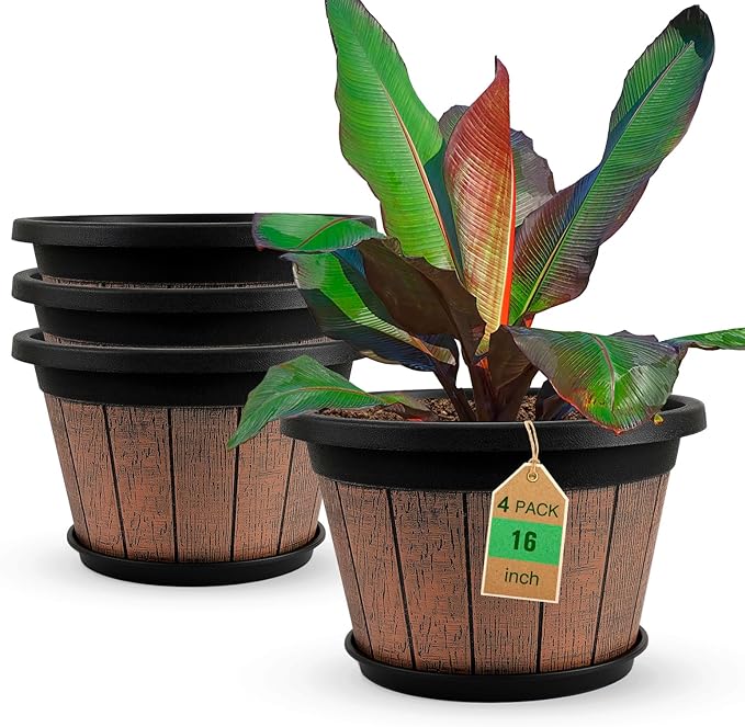 Quarut Large 4 Pack 16 inch Plant Pots,Whiskey Barrel Planters with Drainage Holes & Saucer,Plastic Decoration Flower Pots Retro Design,Planters for Outdoor Indoor Garden Balcony Plants (Brown)