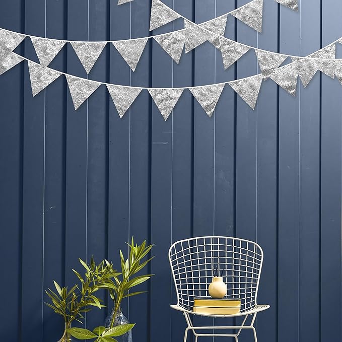 Pinkblume Double Sided Sequin Fabric Triangle Pennant Banner Flag Bunting Garland for Silver Theme Nursery Classroom Home Bedroom Wall Holiday Christmas Decor