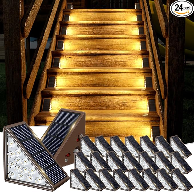 Solar Step Lights for Outside,24pack Solar Stair Lights Outdoor Waterproof IP67,Outdoor Deck Step Lights,Solar Outdoor Lights for Staircase,Patio,Front Step(Warm Brown)…