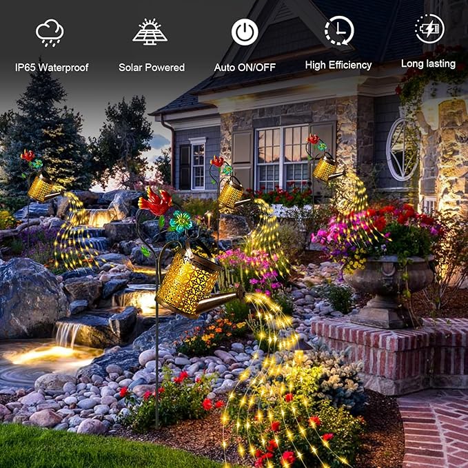Solar Metal Watering Can with Cardinal Shepherd Hook and Cascading Lights - Outdoor Solar Lantern for Garden, Yard, Patio - Christmas Decor and Gardening Gifts for Women
