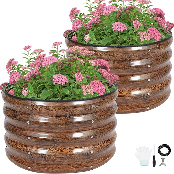 G GOOD GAIN Round Raised Garden Bed - 2Pcs 2x2x1.3ft Galvanized Steel Planter Boxes Outdoor with Rubber Edge Trim | Metal Raised Beds for Gardening Vegetables Flowers Fruits Herbs (Wood Grain)