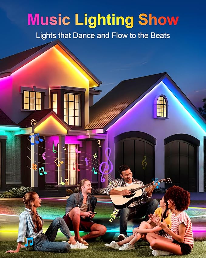 Solar Led Strip Lights Outdoor RGB,16.4FT Music Sync Solar Strip Lights Outdoor Waterproof IP68 with Remote & 8 Lighting Modes,Powered Rope Lights for Yard Trees,Garden,Step,Patio,Fence,Deck