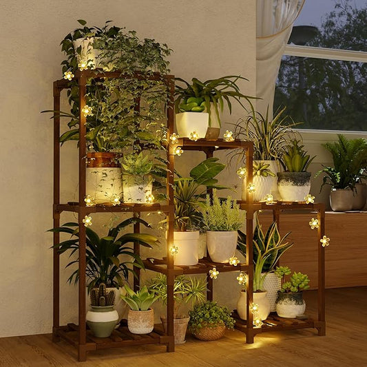 Bamworld Plant Stand Indoor with Flower Fairy Lights Battery Plant Shelf Wood Plant Rack for Multiple Plants 3 Tiers Ladder Plant Holder for 7 Pots for Living Room Home Decor for Gardening Gifts