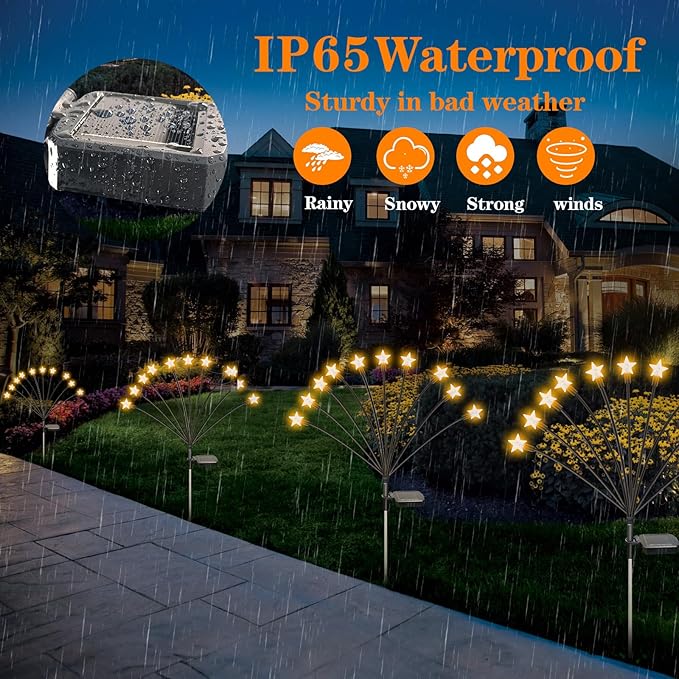 4 Pack Star Solar Firefly Lights, 10 LED Garden Lights,Solar Swaying Lights,Outdoor Waterproof Firefly Path Lights for Pathway Yard Walkway Patio Decoration, Warm White