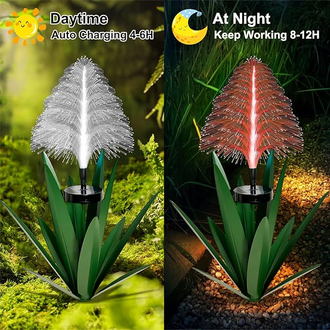 Metal Outdoor Decoration Gift Metal Agave Plants Outdoor Decor, Metal Agave Yard Art Garden Lights Solar Outdoor, 7 Color Changing Garden Yard Pathway Xmas Decor Waterproof (1pcs Green)