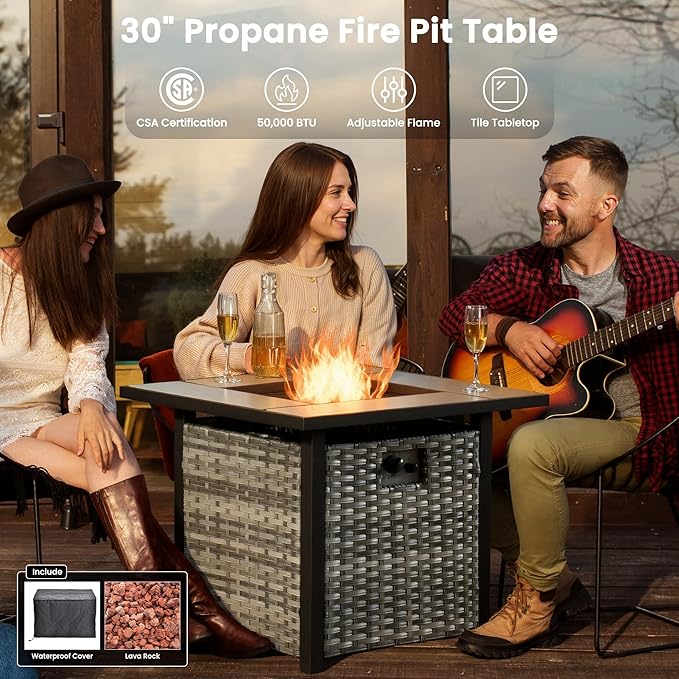 ovios 5 Pieces Patio Furniture Set with 30" Fire Pit Table, Outdoor Wicker Sofa with Loveseat, Comfy Cushions, High Back Couch Conversation Set, Grey Rattan, Grey