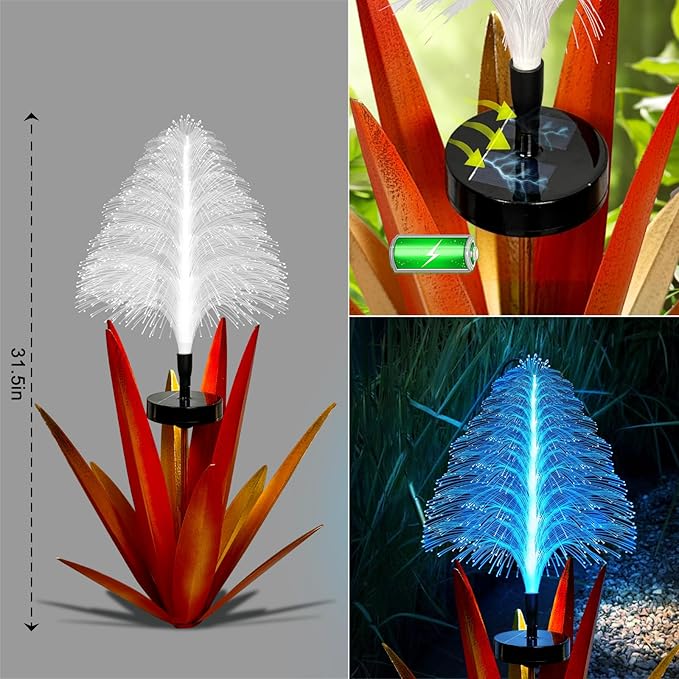 Metal Outdoor Decoration Gift Metal Agave Plants Outdoor Decor, Metal Agave Yard Art Garden Lights Solar Outdoor, 7 Color Changing Garden Yard Pathway Xmas Decor Waterproof & Solar Powerer (1pcs red)