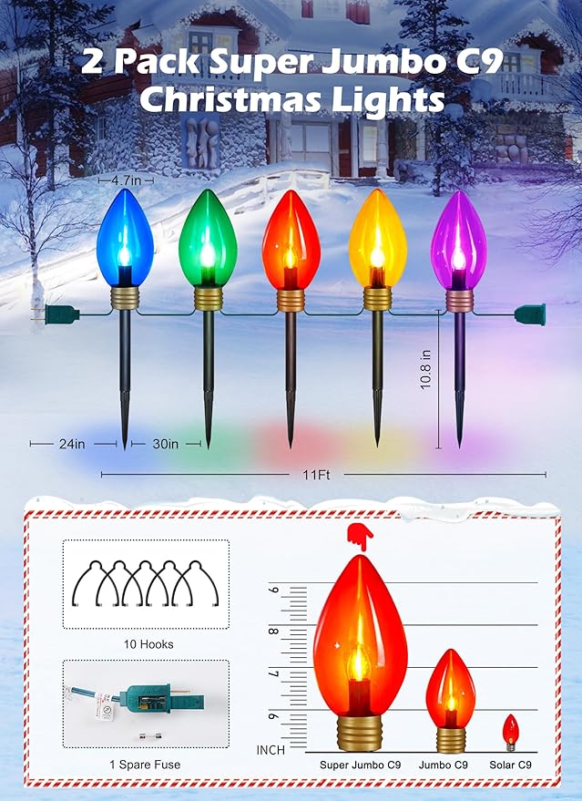 Brightown Super Jumbo C9 Christmas Pathway Lights Outdoor - 2 Pack 11 Feet 5 LED Jumbo C9 Pathway Lights, Jumbo Colored Light Bulb Christmas Lights Outdoor Decorations for Lawn Holiday Yard Multicolor