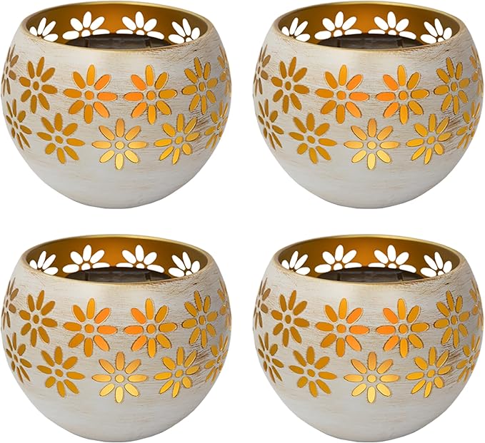 5.4” 4-Pack Decorative Metal Solar Patio Light with Flickering Flame, Waterproof Dusk-to-Dawn Garden Lantern, White