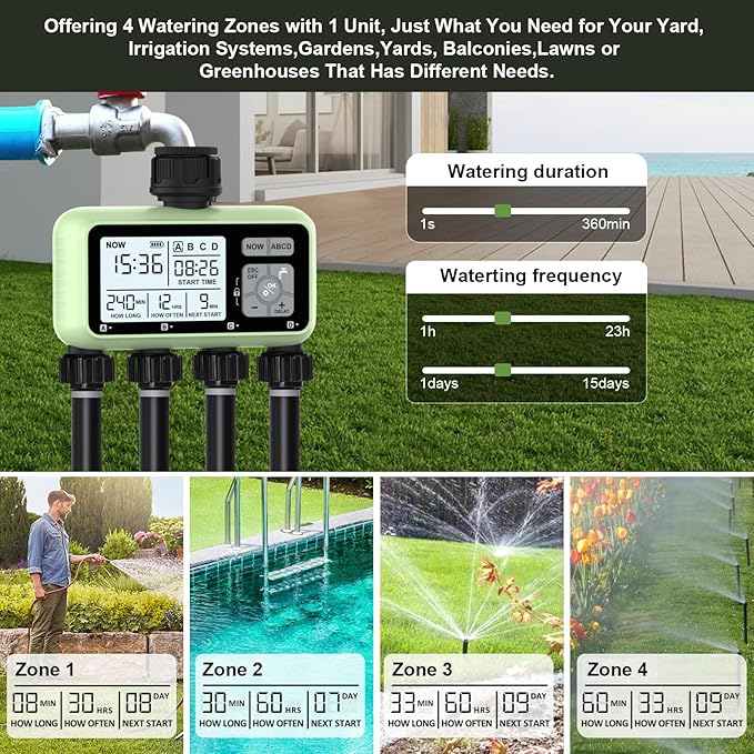 4 Outlet Sprinkler Timer, Programmable Garden Hose Timer with Rain Delay, Manual& Automatic Watering System, Waterproof Gardening Supplies Irrigation Controller for 4 Separate Water Zones
