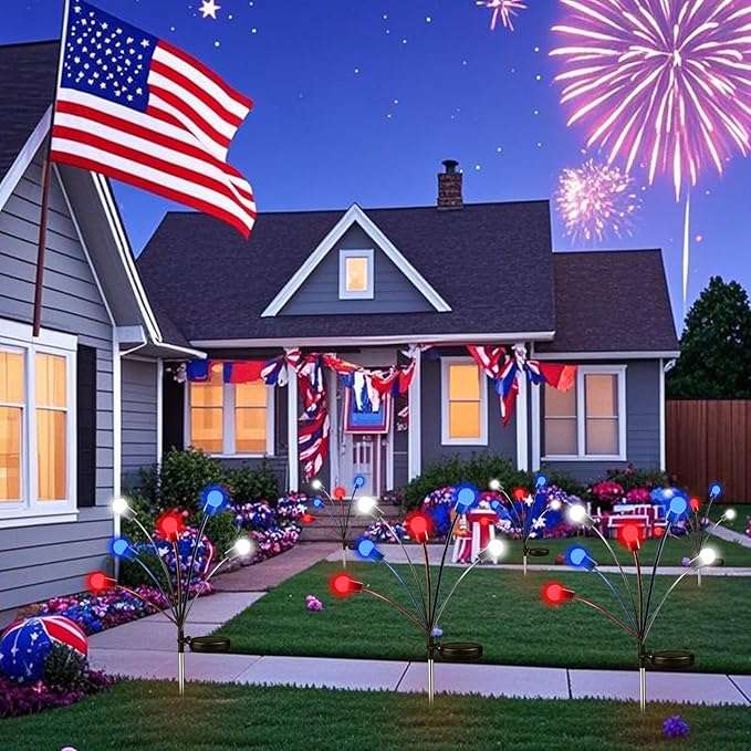 OZS 6pack Solar American Flag Lights - 4th of July Solar Garden LED Outdoor Waterproof Firefly Light for Memory Day, Independence Day, National Day Decoration (Red White Blue)