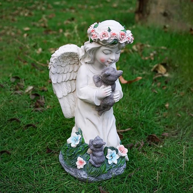 Angel Gifts for Women, Solor Statue for Garden, Angel and Cat Figurine with Lights, Outdoor Decorations for Yard Lawn Patio, Gifts for Mom Grandma Mother in Law Gardener Mother'Day
