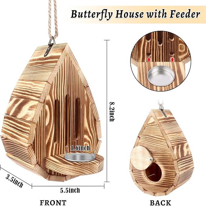 Wooden Butterfly House and Feeder, Hanging Butterfly House for Garden, Natural Butterfly Habitat with Butterfly Puddler for Outside Butterflies, Moths - Backdoor, Easy to Clean