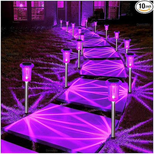 DenicMic Solar Lights Outdoor Pathway Lights LED Waterproof Acrylic Lamp Head Stainless Steel Stake for Yard Garden Landscape Path Walkway Driveway Patio Lawn (Purple 10Pack)