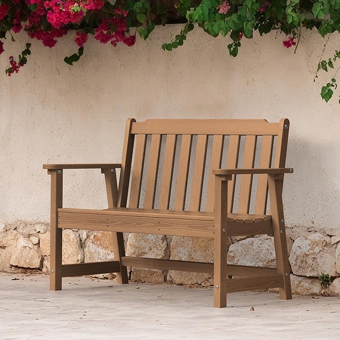 Ciokea 46" Heavy Duty Outdoor Bench, HDPE Weatherproof Garden Benches, Durable 2-Person Benches with 660 Lbs, Waterproof Patio Porch Bench for Outside Balcony Deck Backyard, Teak