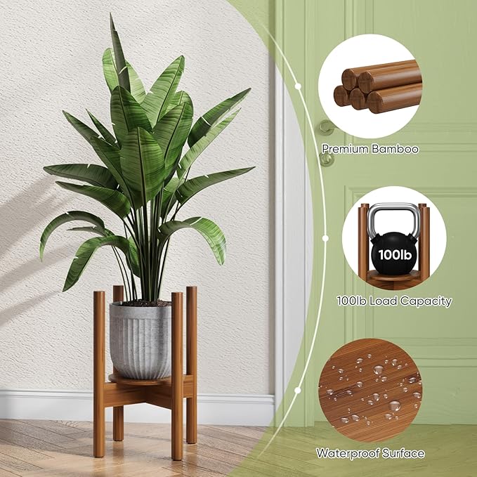 2 Pack Adjustable Plant Stand, Bamboo Plant Stand Indoor with Tray, Wood Plant Stand for 8 to 12 inches Flower Pots, Single Mid Century Modern Plant Stand for Indoor Plants, Walnut