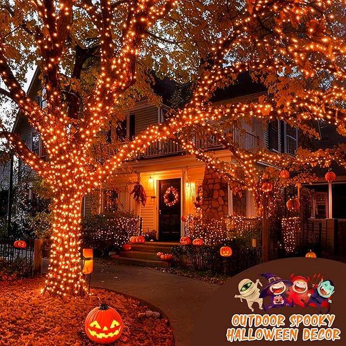 JMEXSUSS 2 Pack Orange Solar Halloween Lights, Total 400 LED 151FT Solar String Lights Outdoor Waterproof, 8 Modes Halloween Lights for Outside Tree Patio Yard Garden Halloween Decorations