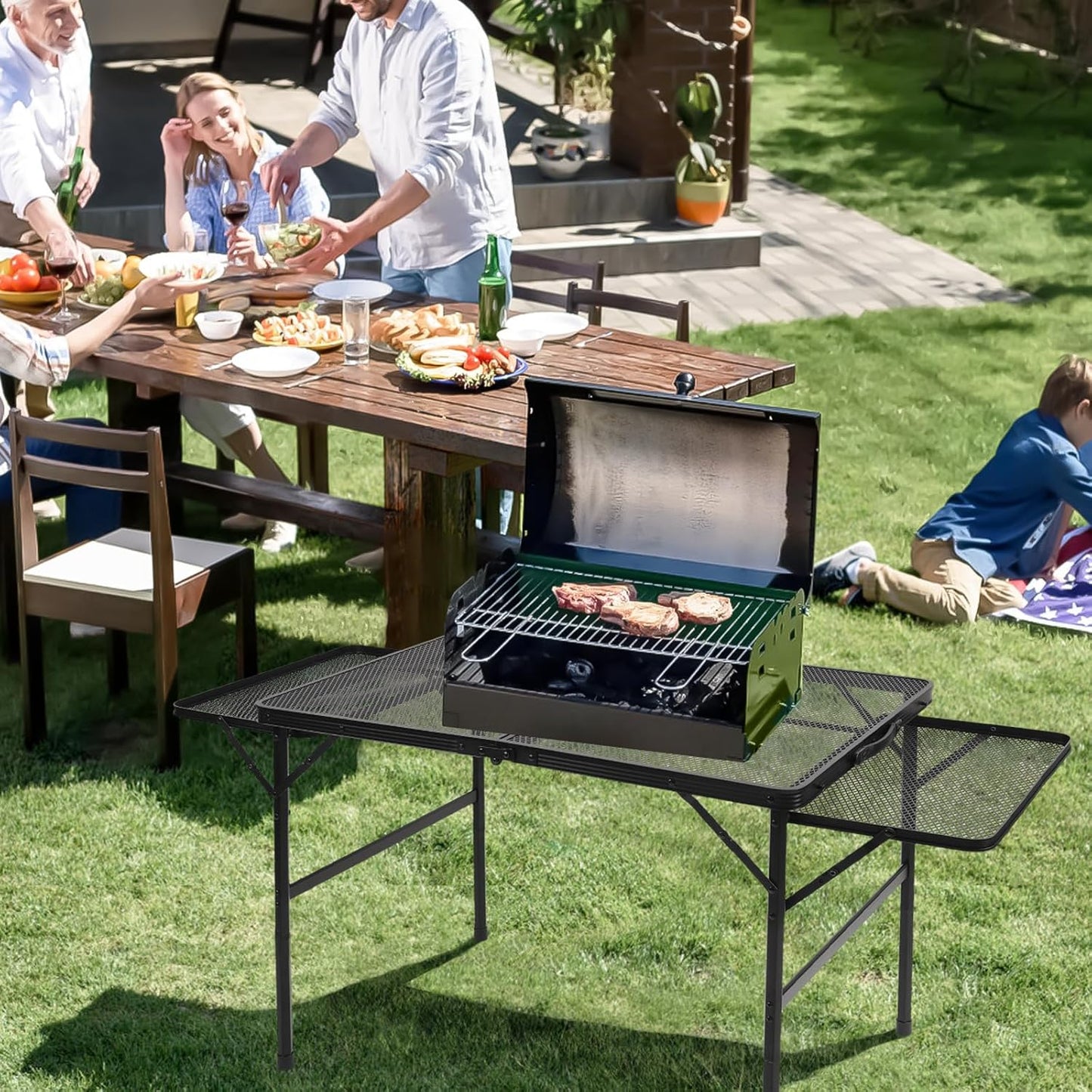Folding Grill 4.4 FT Portable Camping Table with 2 Wing Panels, Height Adjustable Metal Outdoor Table with Mesh Desktop and Mesh Bag, Picnic, Beach and BBQ, Party, Black