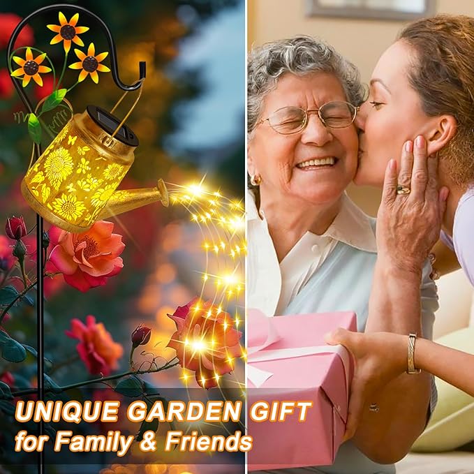 Solar Watering Can Lights Outdoor Garden Decor, Large Sunflower Hanging Lantern with Shepherd Hook, Yellow LED, Gold Finish, Floral Theme, Outdoor Decoration, Parties, Occasions