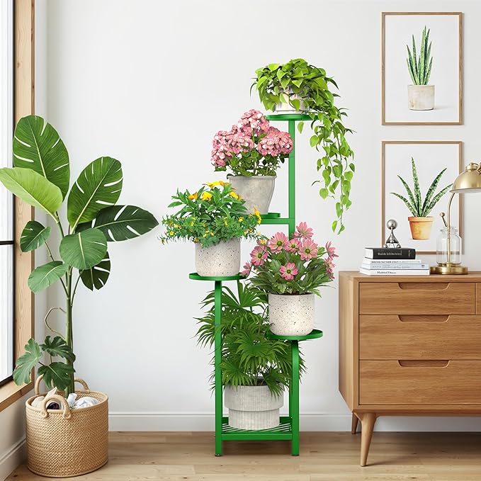 TOSKING 5 Tier Tall Plant Stand Indoor Outdoor, Heavy Duty Corner Shelf for Plants & Decor, Space Saving 3.9FT Metal Flower Pot Stand for Balcony, Garden, Living Room, Patio (Green)