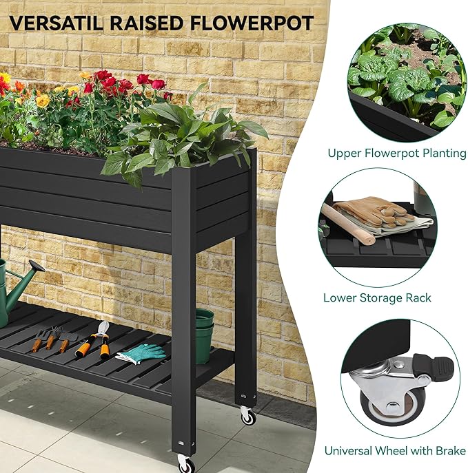 YITAHOME 3.6x1.5x2.8 FT Elevated Garden Bed Kit with Legs and Wheels, Outdoor Large Resin Planter Box Stand with Drain Plug and Storage Shelf for Plants Vegetables Fruits, Black