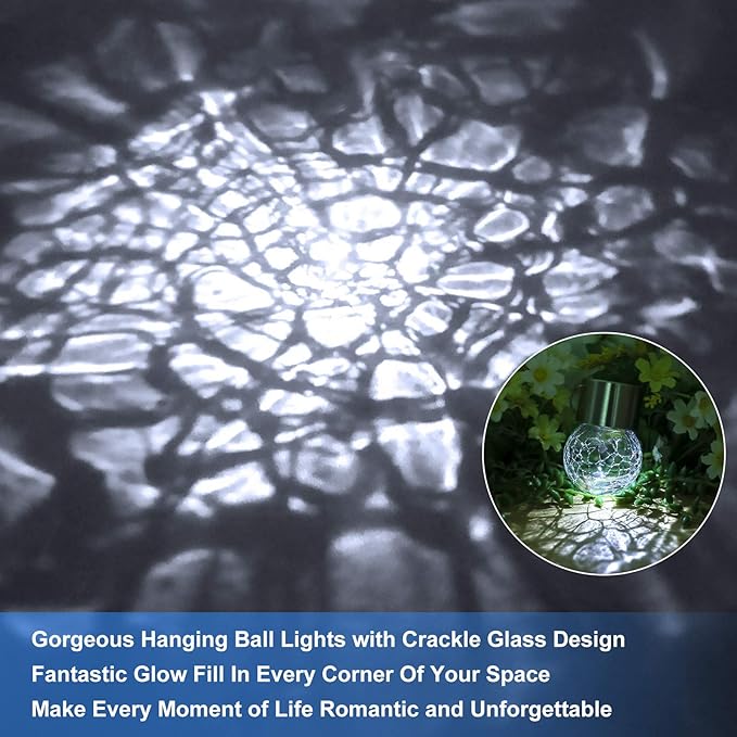 12Pack Outdoor Hanging Solar Lights - Solar Powered Crackle Glass Ball Lights Waterproof Tree Hanging Outdoor Globe Lights with Hook for Garden Balcony Patio Christmas Party Decoration, Daylight White