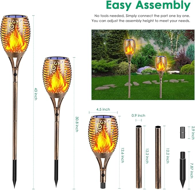 TomCare Solar Torch Lights 99 LED Flickering Flame 43" Decorative Waterproof Solar Powered Pathway Lights for Garden Patio Yard, 4Pack (Bronze)