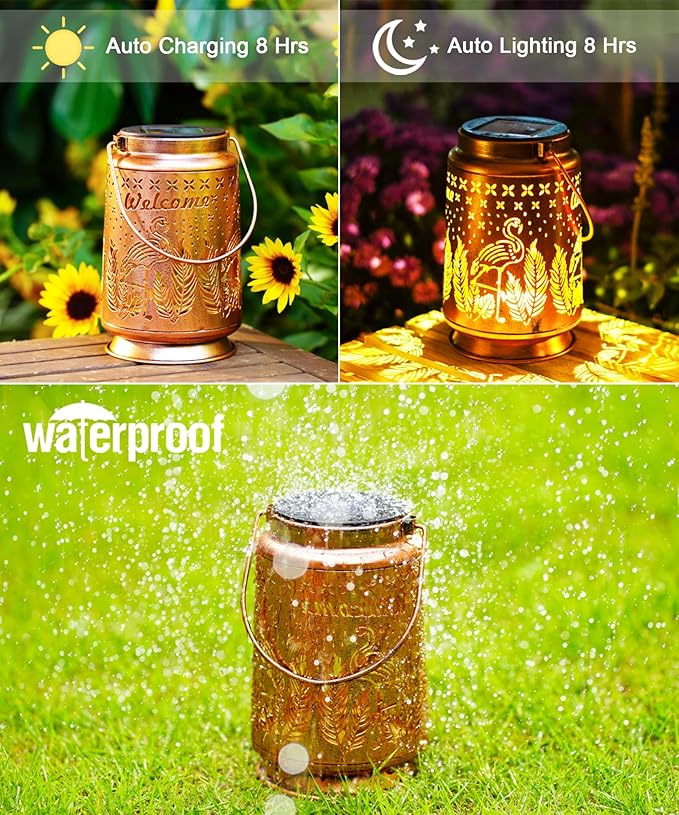 Nacome Flamingo Solar Lantern for Garden Decor: Waterproof Hanging Metal Decoration with LED Lights for Yard Lawn Porch Patio Landscape Pathway – Birthday Gifts for Mom Grandma Women