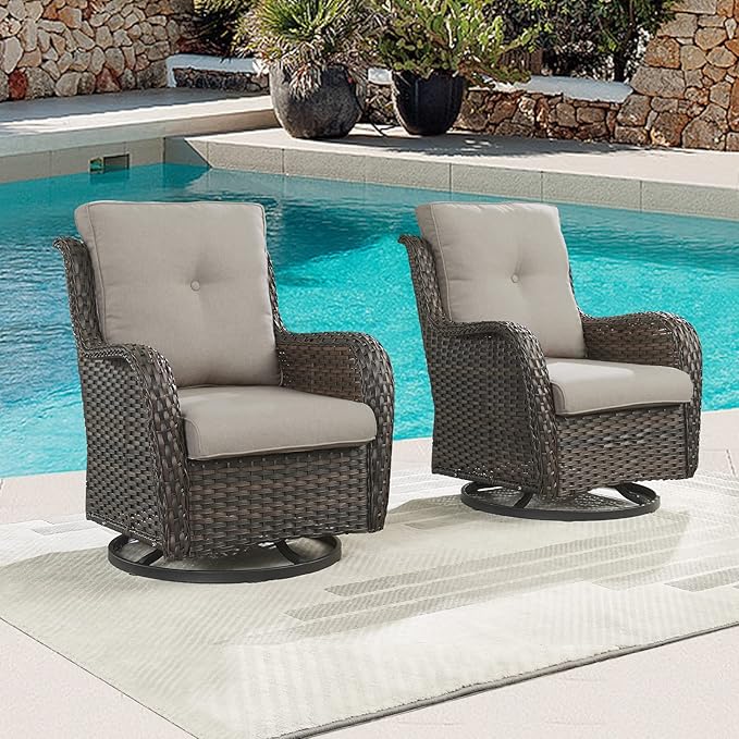 Outdoor Patio Swivel Rocker Chairs - Single Wicker Rattan Patio Swivel Rocking Chair with High Back,Deep Seating and Comfort Cushions for Deck Porch Garden,Brown/Grey