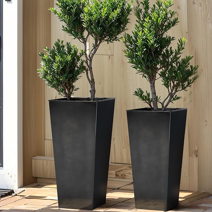 KOL 25'' & 28'' Tall Glazed Planter with Saucer, Set of 2, Galvanized Steel Planter Metal Pots for Indoor & Outdoor Use, Decorative Flower Plant Pots with Drainage Hole for Porch, Patio, Deck - Black