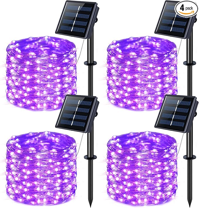 JMEXSUSS 4 Pack Purple Solar String Lights Outdoor Waterproof, 100 LED 33ft Purple Solar Fairy Lights, 8 Modes Copper Wire Christmas Light for Halloween Christmas Garden Yard Tree Decor