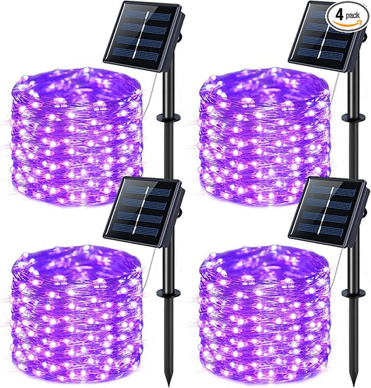 JMEXSUSS 4 Pack Purple Solar String Lights Outdoor Waterproof, 100 LED 33ft Purple Solar Fairy Lights, 8 Modes Copper Wire Christmas Light for Halloween Christmas Garden Yard Tree Decor