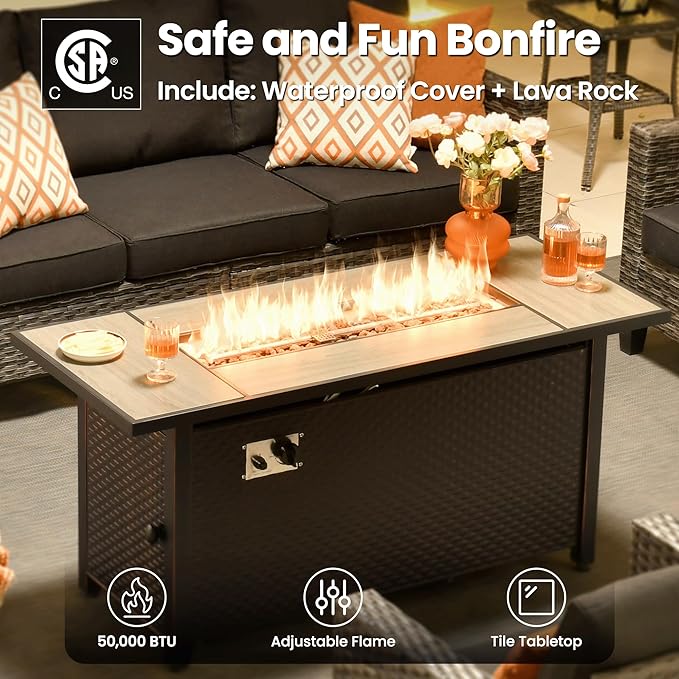 ovios 8 Pieces Patio Furniture Set with 54" Fire Pit Table, Outdoor Wicker Sofa with Comfy Cushions, All Weather High Back Rattan Couch Conversation Set, Black