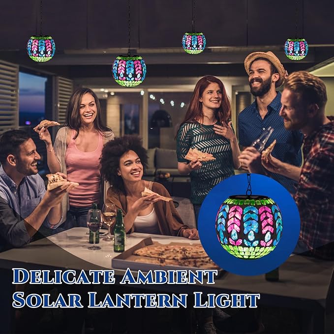 Solar Hanging Lanterns Outdoor Waterproof Glass Mosaic Gazing Ball Globe Hanging Lantern Lights for Patio Garden Yard Home Decor (Colorful)