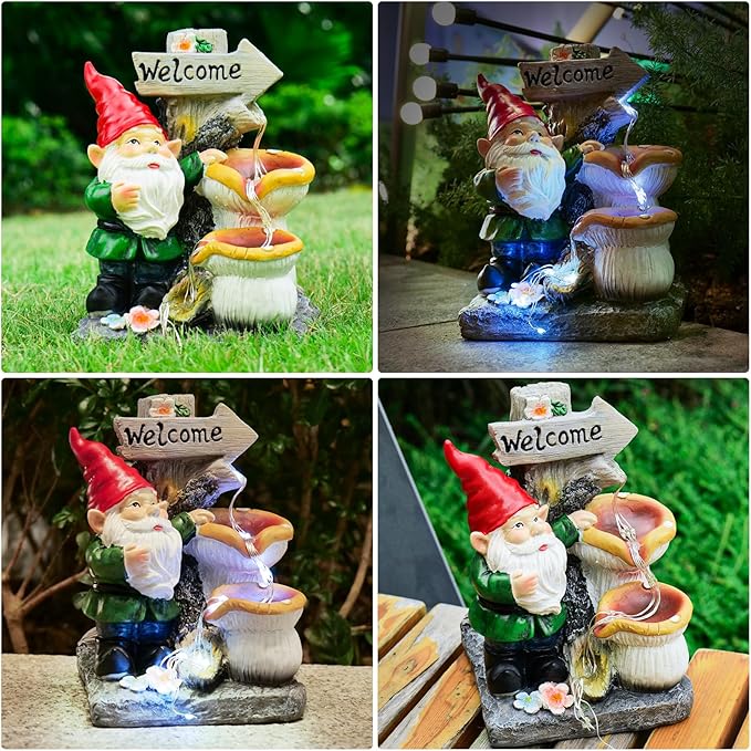 mopha Garden Gnomes Statues Outdoor Decor with Flowing Water Solar Lights Resin Figurines Outside Decoration for Patio Yard Lawn Porch Ornaments Clearance Gardening Gift