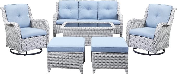 Wicker Outdoor Furniture Patio Furniture Set - 6 Piece Patio Conversation Set with Swivel Rocker Chairs, Rattan Sofa, Ottomans and Coffee Table, Baby Blue Cushion