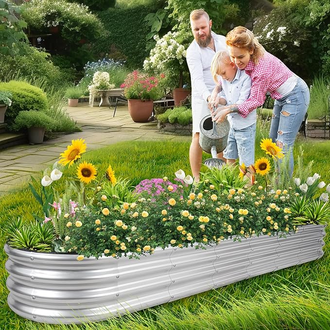 1MORE Galvanized Raised Garden Bed- Planter Garden Boxes Outdoor, Raised Beds for Gardening, 8x2x1ft Metal Garden Bed Kit for Vegetables Flower, Planter Raised Beds with Protective Tape & Tools.Silver