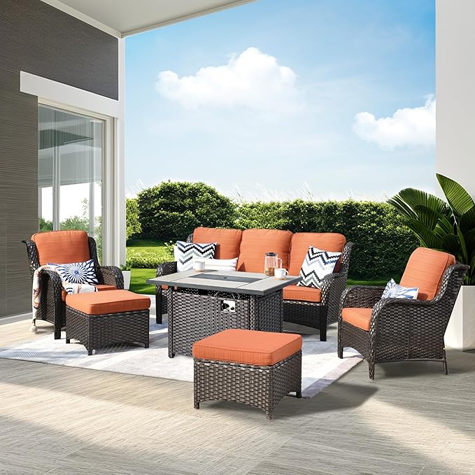 ovios 6 Pieces Patio Furniture Set with 42" Fire Pit Table, Outdoor Wicker Sofa with Ottomans, Comfy Cushions, High Back Couch Conversation Set, Brown Rattan, Orange Red
