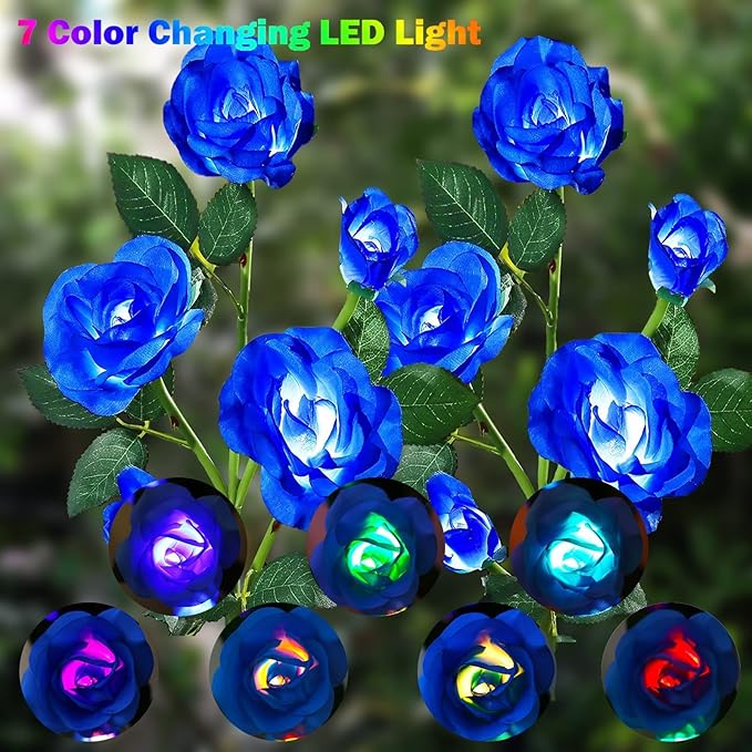 ANGMLN 2 Pack Solar Garden Lights, Solar Flower Lights Outdoor Waterproof with 10 Head Blue Rose 7-Color Changing Landscape Light for Garden Yard Pathway Patio Grave Cemetery Decoration