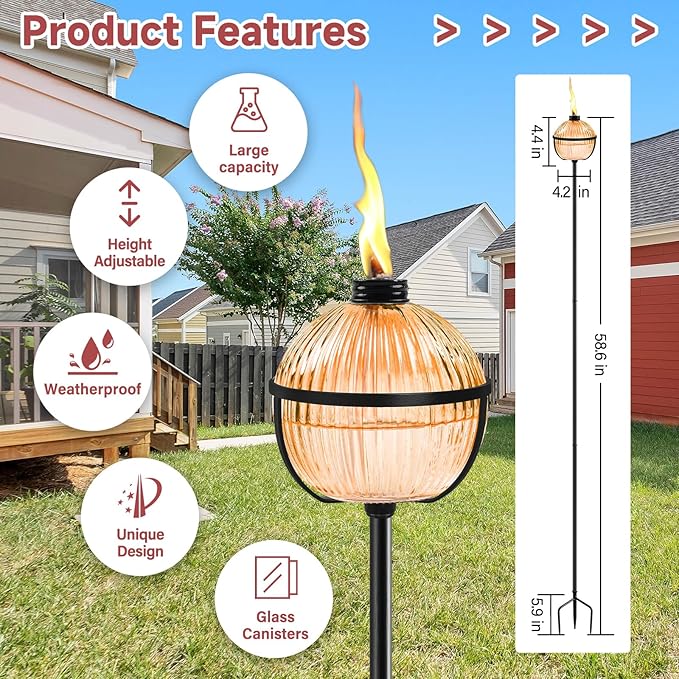 Citronella Torches Set of 4, 16 oz Glass Garden Torches for Outside, 3-Prong Grounded Stake Outdoor Torches, 58.6 inch Outdoor Torch for Yard, Patio, Deck, Party