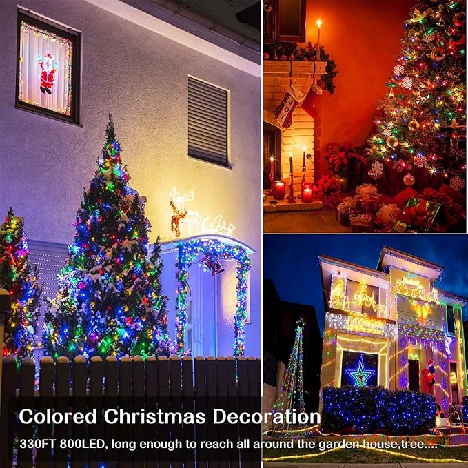Christmas Lights Outdoor, 800LED 330FT Multicolor String Lights 8 Modes Timer Plug in Waterproof Indoor Outdoor Christmas Lights for Christmas Wedding Garden Yard Party Tree Decoration