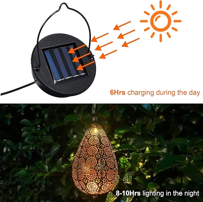 MAGGIFT 2 Pack Solar Hanging Lights, Solar Powered Decorative Retro Lantern with Handle, Warm White LED Christmas Garden Boho Flower Lights, Metal Drop Shape Waterproof Outdoor Yard Tree Fence Patio