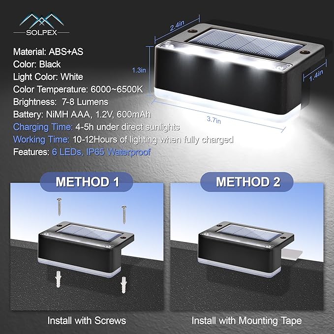 SOLPEX Solar Fence Lights, 6 LEDs Solar Lights Outdoor Waterproof Solar Powered for Deck, Stair, Front Porch, Balcony, Walkway, Garden, Yard, Patio, Pool Decor, IP65 Waterproof (16 Pack, Cold White)