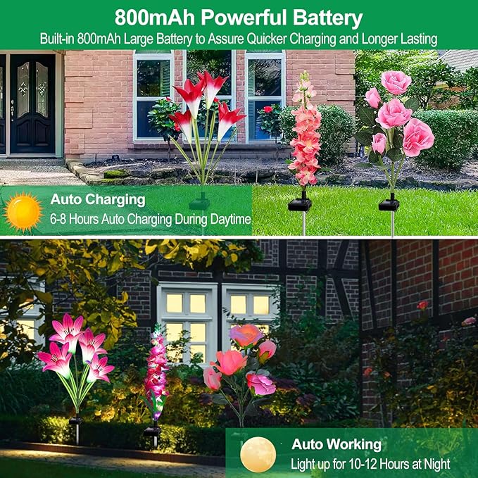 Solar Garden Lights - 6 Pack Solar Flowers with Lily Rose Delphinium, Waterproof Gardening Gifts for Mom, Grandma, Women - Multi-Color Changing Outdoor Lights for Garden, Yard, Patio, Lawn